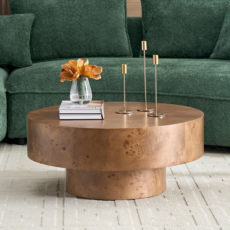 Walnut Burl Wood Veneer Round Coffee Table with Pedestal Base - Walnut, photo 4 of 16