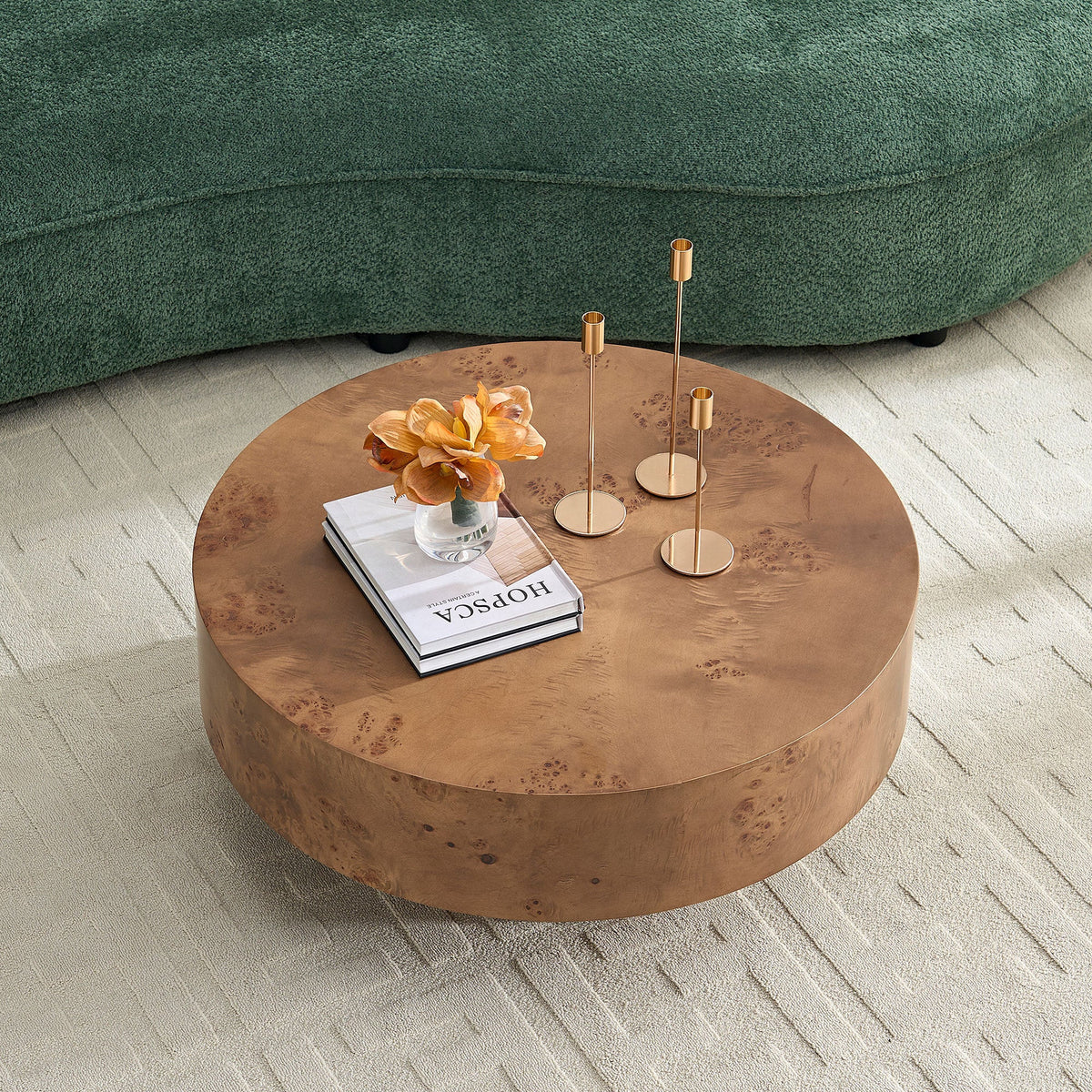 Walnut Burl Wood Veneer Round Coffee Table with Pedestal Base - Walnut, photo 5 of 16