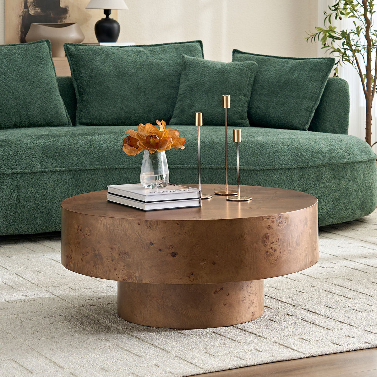 Walnut Burl Wood Veneer Round Coffee Table with Pedestal Base - Walnut, photo 6 of 16
