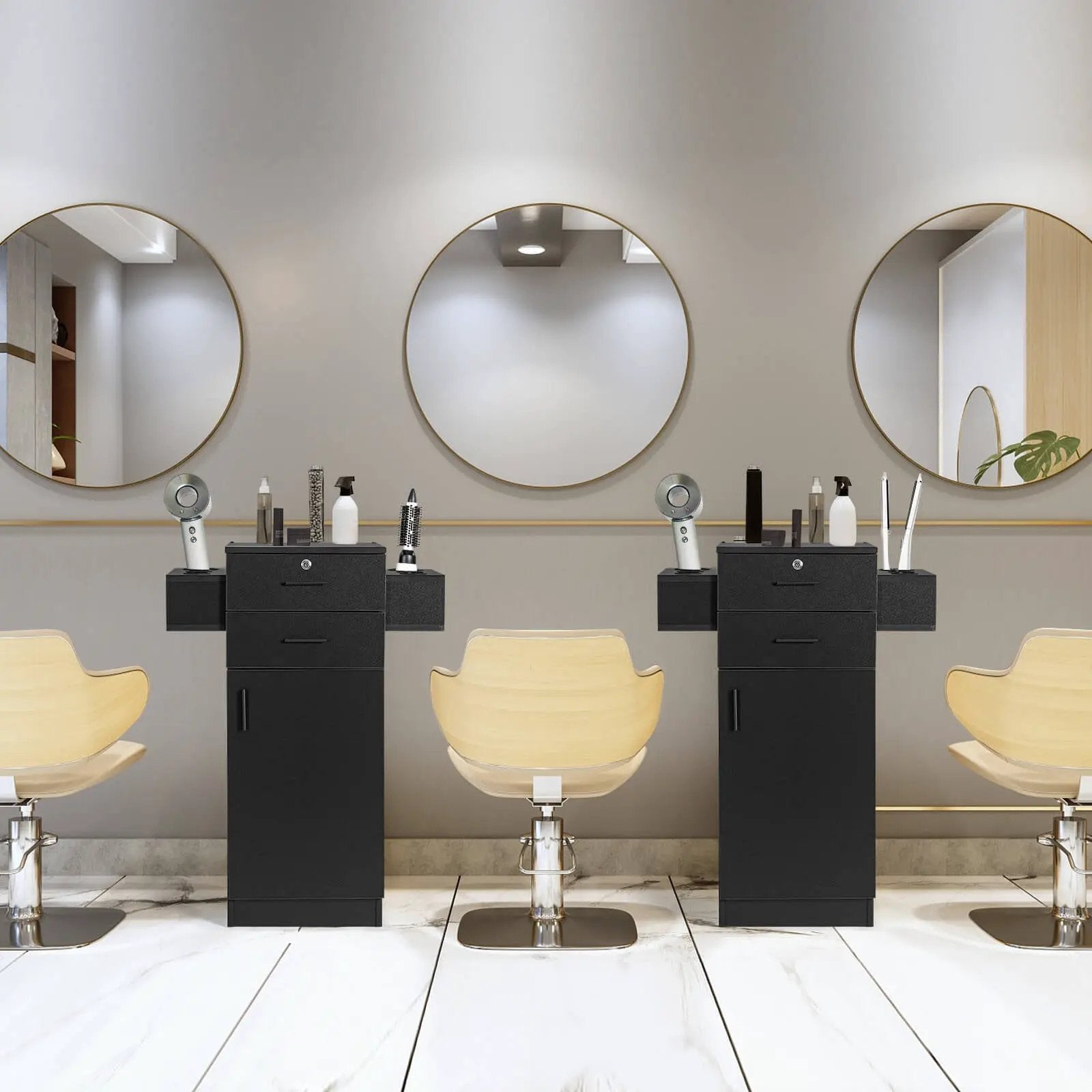 Salon Station Storage Cabinet with 6 Hair Dryer Holders for Hair Stylist-Black by DirectDeals