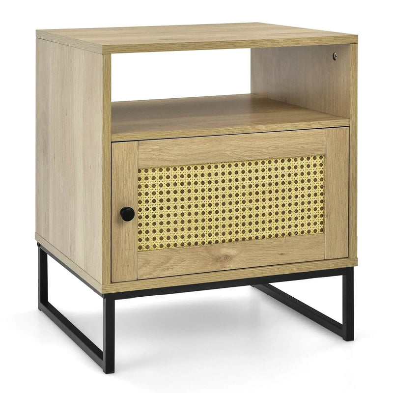 Wooden Side End Table with Cabinet and Rattan Decorated Door-Natural by DirectDeals