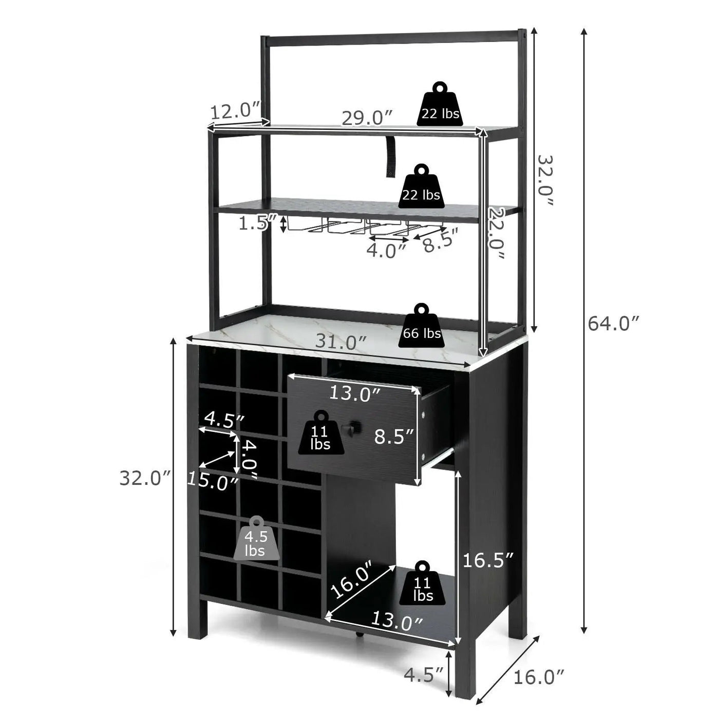 Kitchen Bakers Rack Freestanding Wine Rack Table with Glass Holder and Drawer by DirectDeals