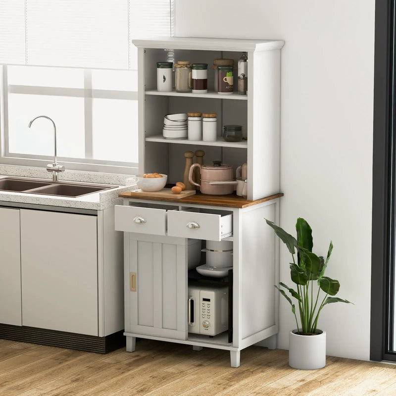 Freestanding Kitchen Pantry with Hutch Sliding Door and Drawer-White by DirectDeals
