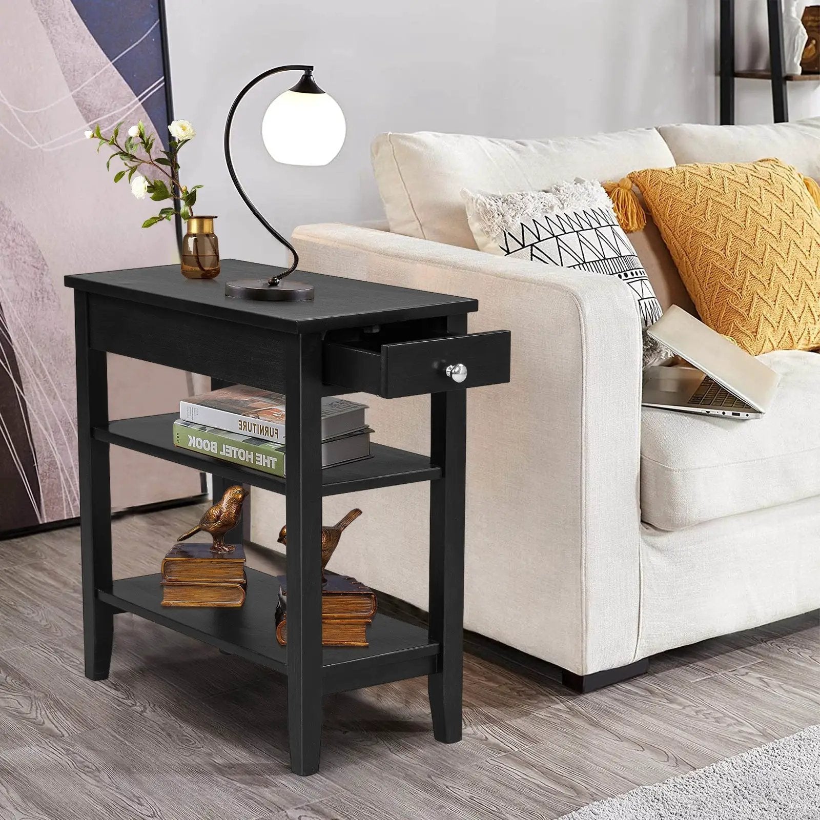 Side End Table with Drawer and 2-Tier Open Storage Shelves for Space Saving by DirectDeals