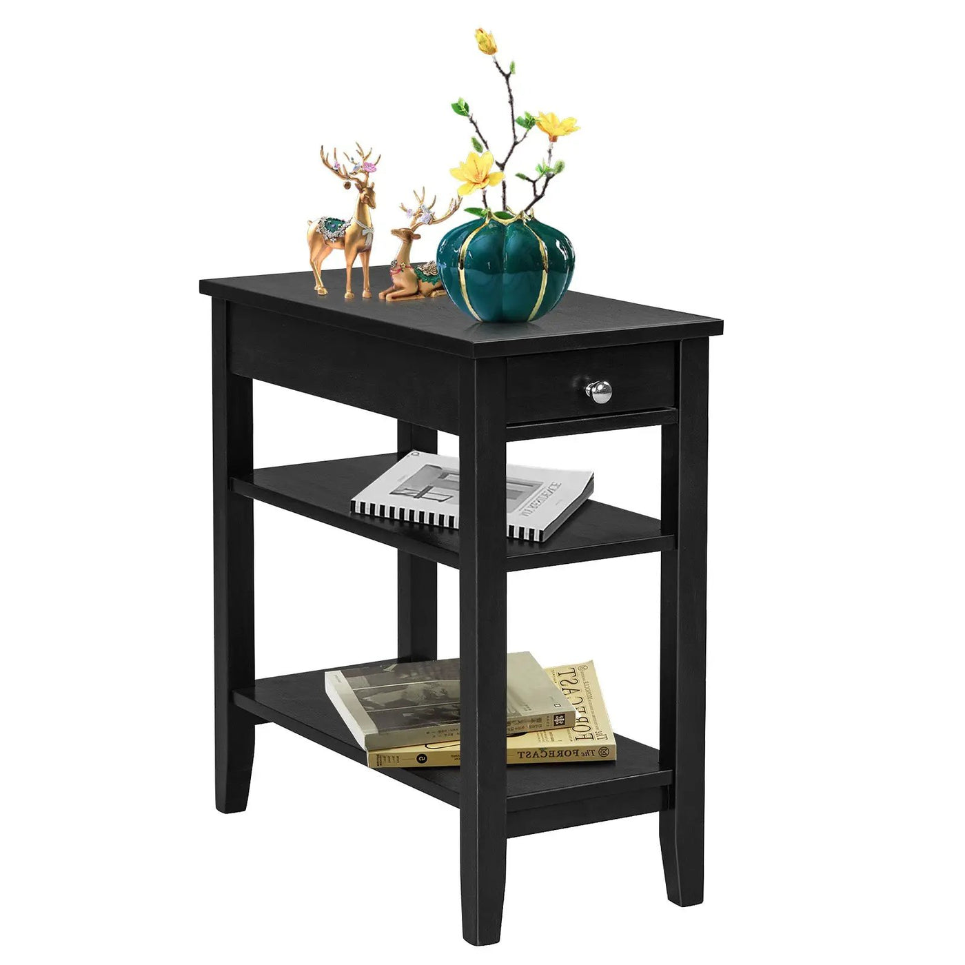 Side End Table with Drawer and 2-Tier Open Storage Shelves for Space Saving by DirectDeals