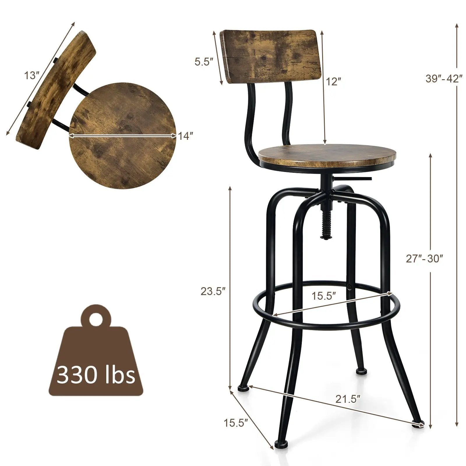 Adjustable Swivel Counter-Height Stool with Arc-Shaped Backrest-Rustic Brown by DirectDeals