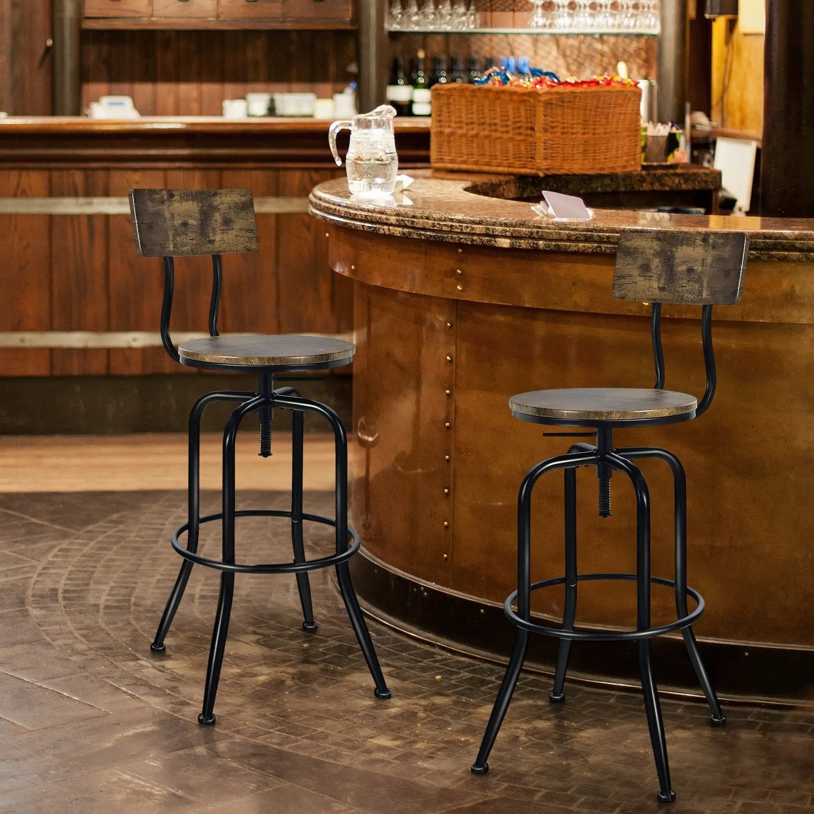Adjustable Swivel Counter-Height Stool with Arc-Shaped Backrest-Rustic Brown by DirectDeals