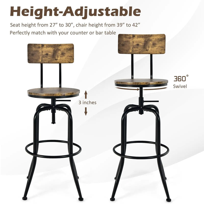 Adjustable Swivel Counter-Height Stool with Arc-Shaped Backrest-Rustic Brown by DirectDeals