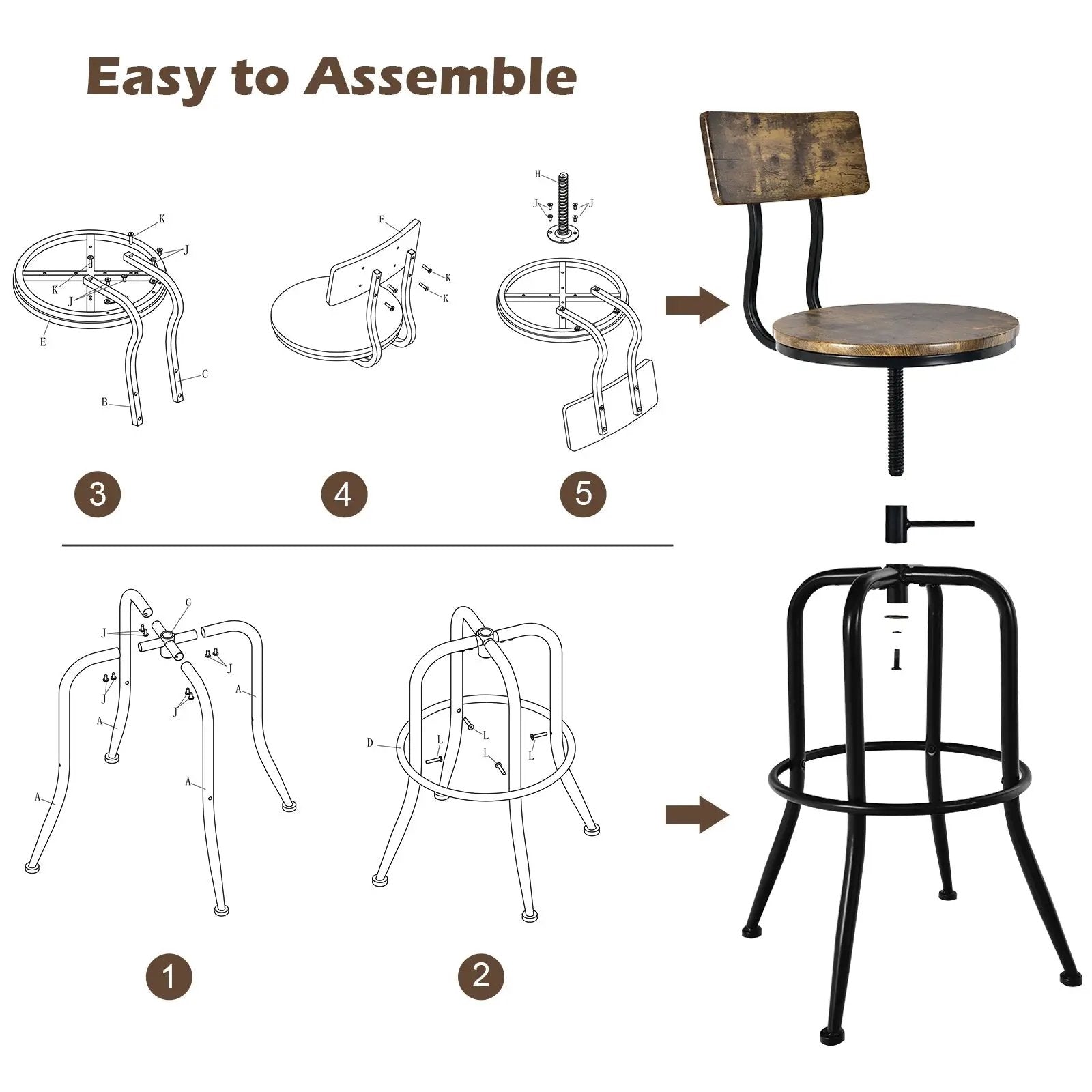 Adjustable Swivel Counter-Height Stool with Arc-Shaped Backrest-Rustic Brown by DirectDeals