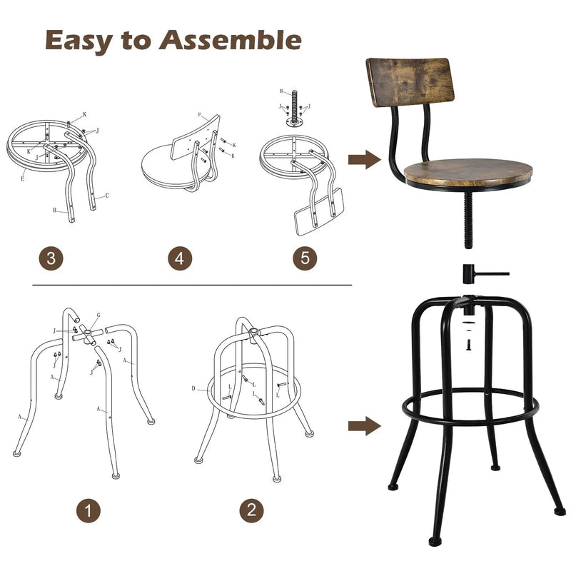 Adjustable Swivel Counter-Height Stool with Arc-Shaped Backrest-Rustic Brown by DirectDeals