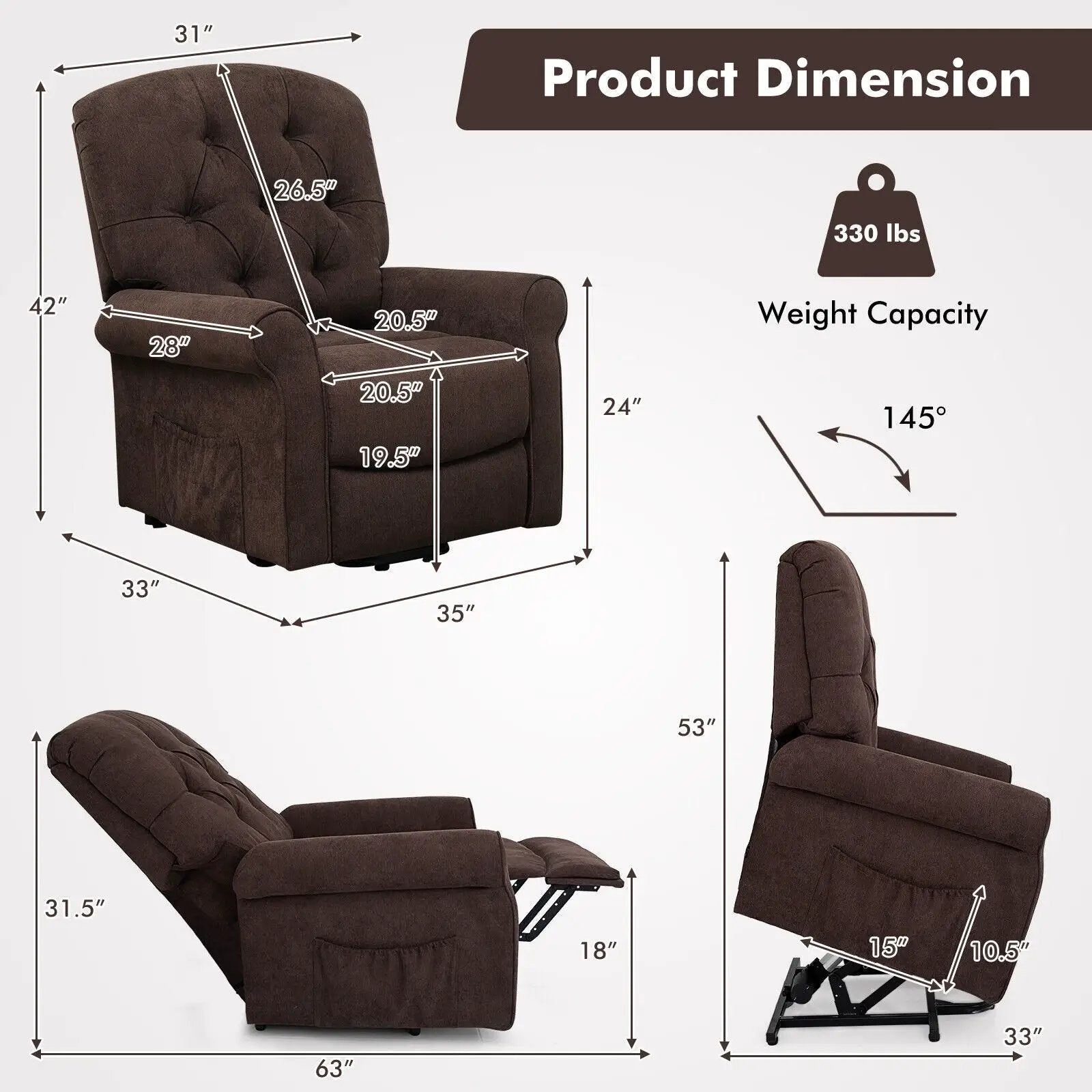 Recliner Chair Sofa for Elderly with Side Pocket and Remote Control by DirectDeals