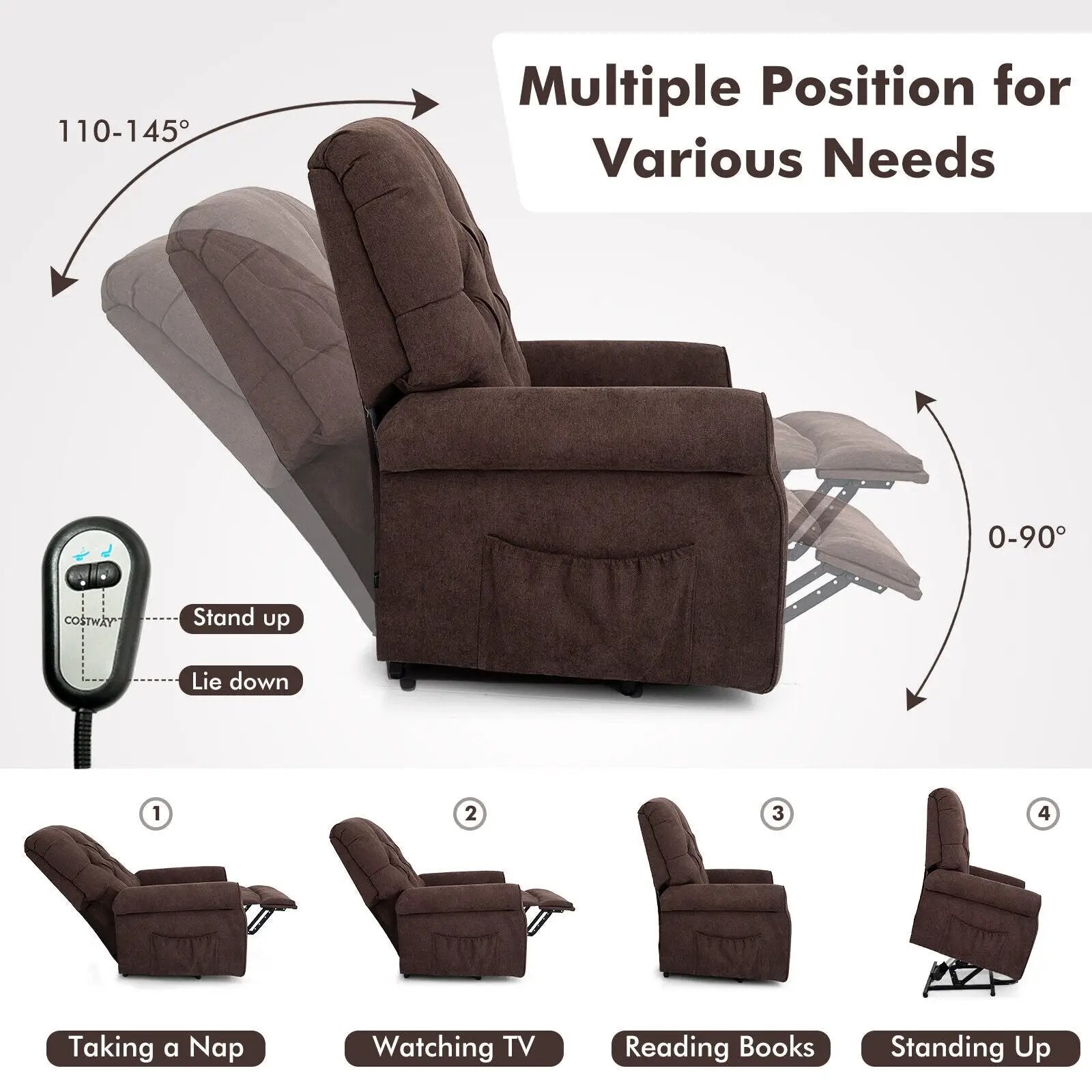 Recliner Chair Sofa for Elderly with Side Pocket and Remote Control by DirectDeals