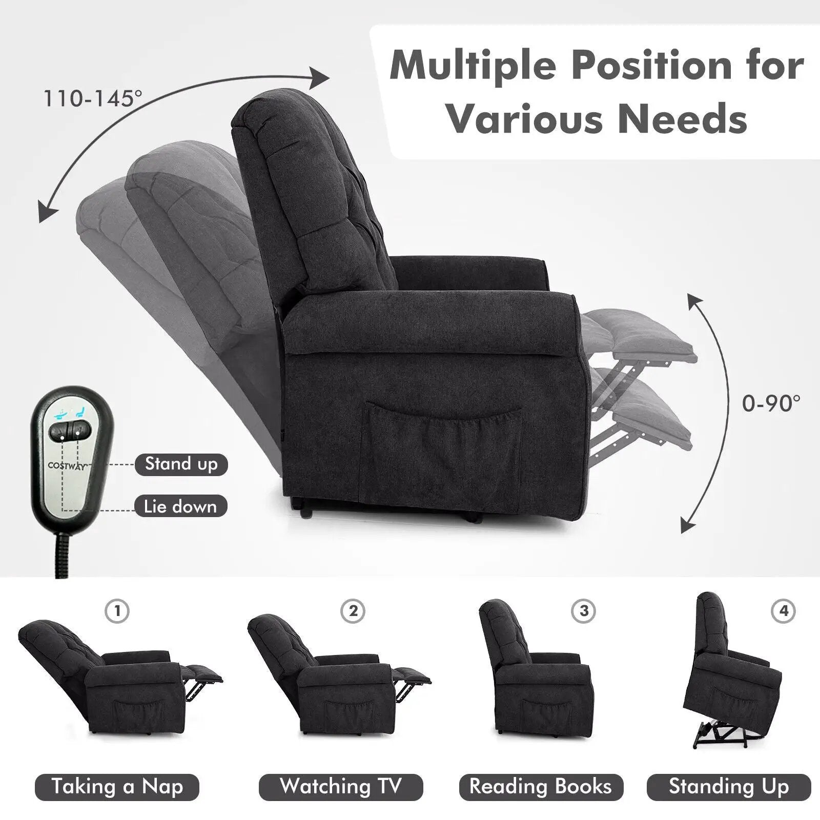 Recliner Chair Sofa for Elderly with Side Pocket and Remote Control by DirectDeals