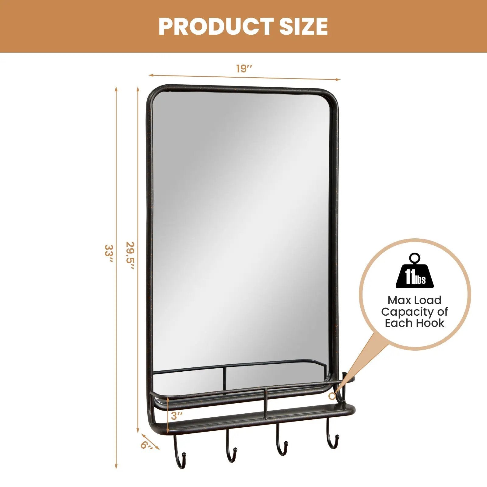 Wall Bathroom Mirror with Shelf Hooks Sturdy Metal Frame for Bedroom Living Room by DirectDeals