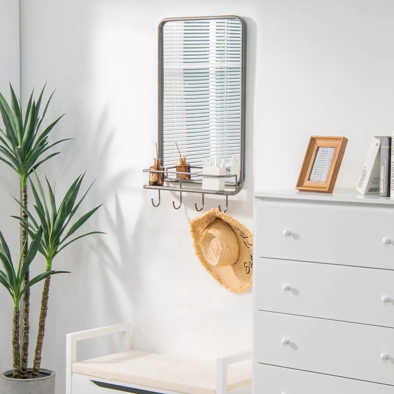 Wall Bathroom Mirror with Shelf Hooks Sturdy Metal Frame for Bedroom Living Room by DirectDeals