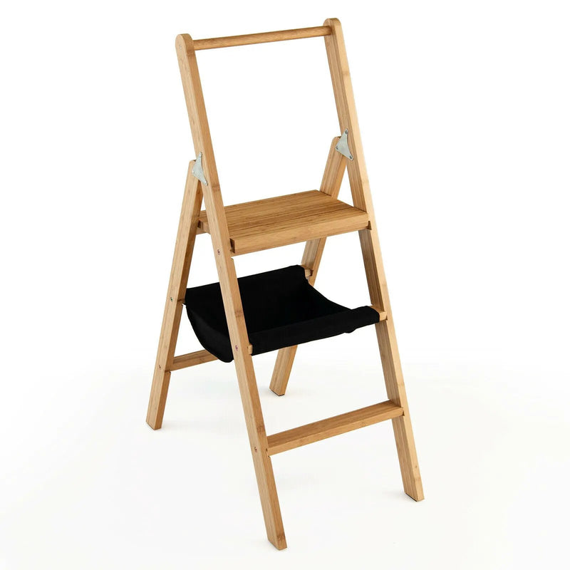 3 Step Foldable Bamboo Step Ladder Stool with Tool Storage Bag-Natural by DirectDeals