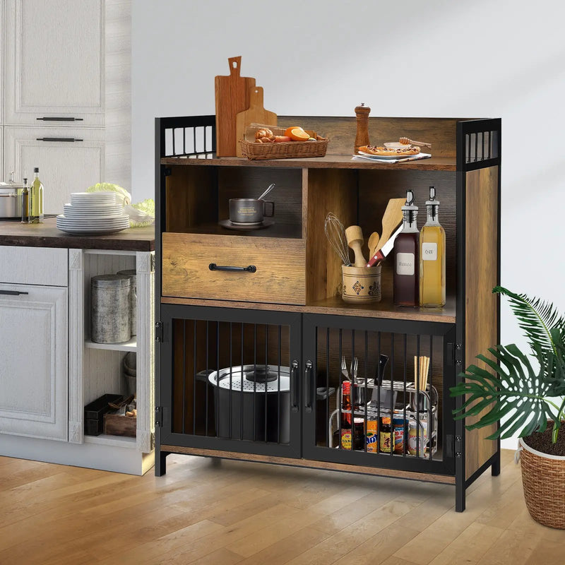 Buffet Cabinet with Drawer and Wood Storage Shelf for Kitchen-Rustic Brown by DirectDeals