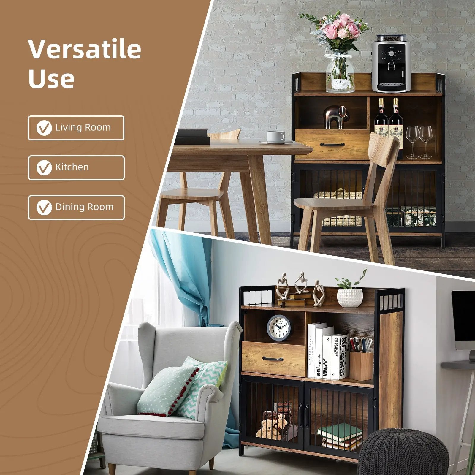 Buffet Cabinet with Drawer and Wood Storage Shelf for Kitchen-Rustic Brown by DirectDeals