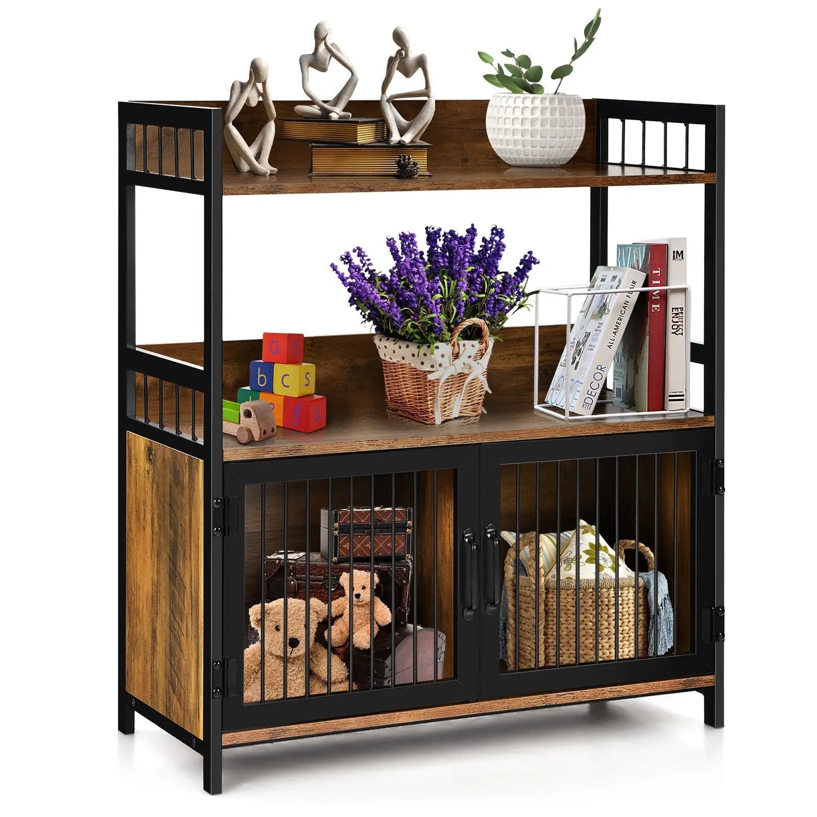 2-Tier Baker's Rack Industrial Kitchen Microwave Oven Stand with Storage Cabinet-Rustic Brown by DirectDeals