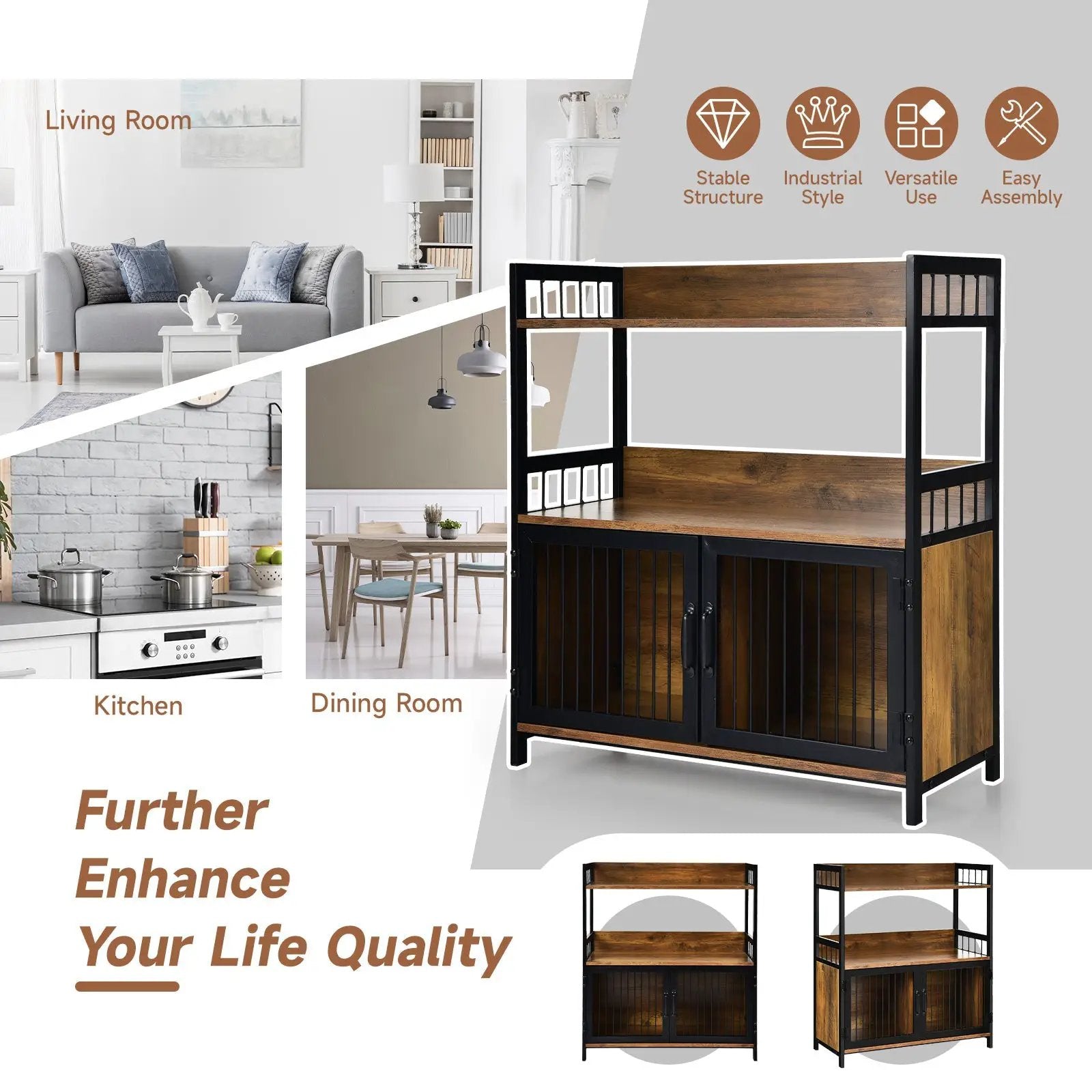 2-Tier Baker's Rack Industrial Kitchen Microwave Oven Stand with Storage Cabinet-Rustic Brown by DirectDeals