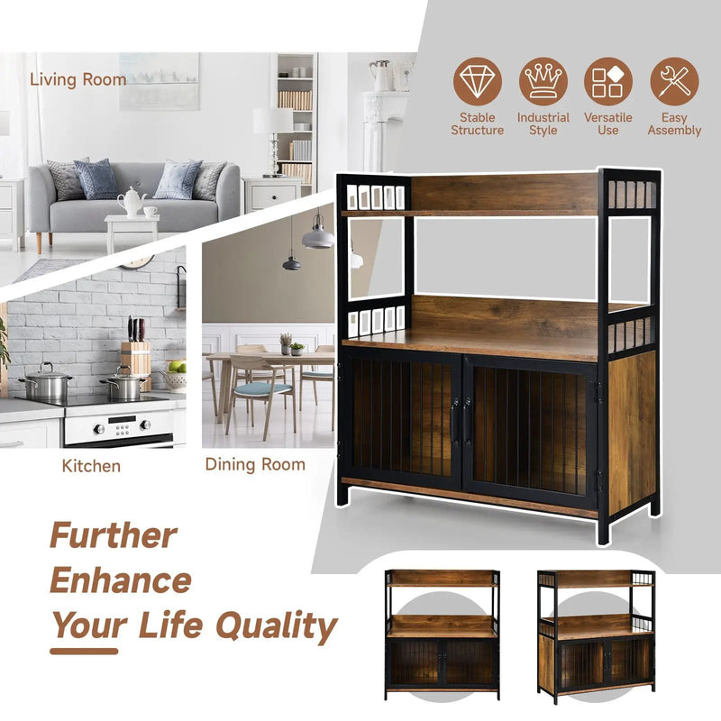 2-Tier Baker's Rack Industrial Kitchen Microwave Oven Stand with Storage Cabinet-Rustic Brown by DirectDeals