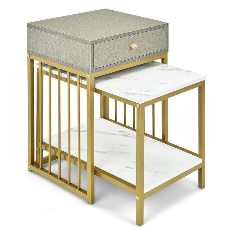 2 Pieces Modern Nesting Coffee Table Set with Drawer and Shelf-White by DirectDeals