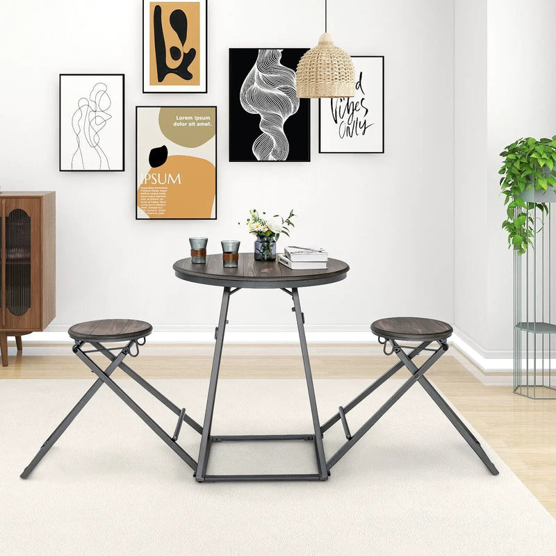 3 Pieces Dining Table Set with 2 Foldable Stools for Small Space-Gray by DirectDeals