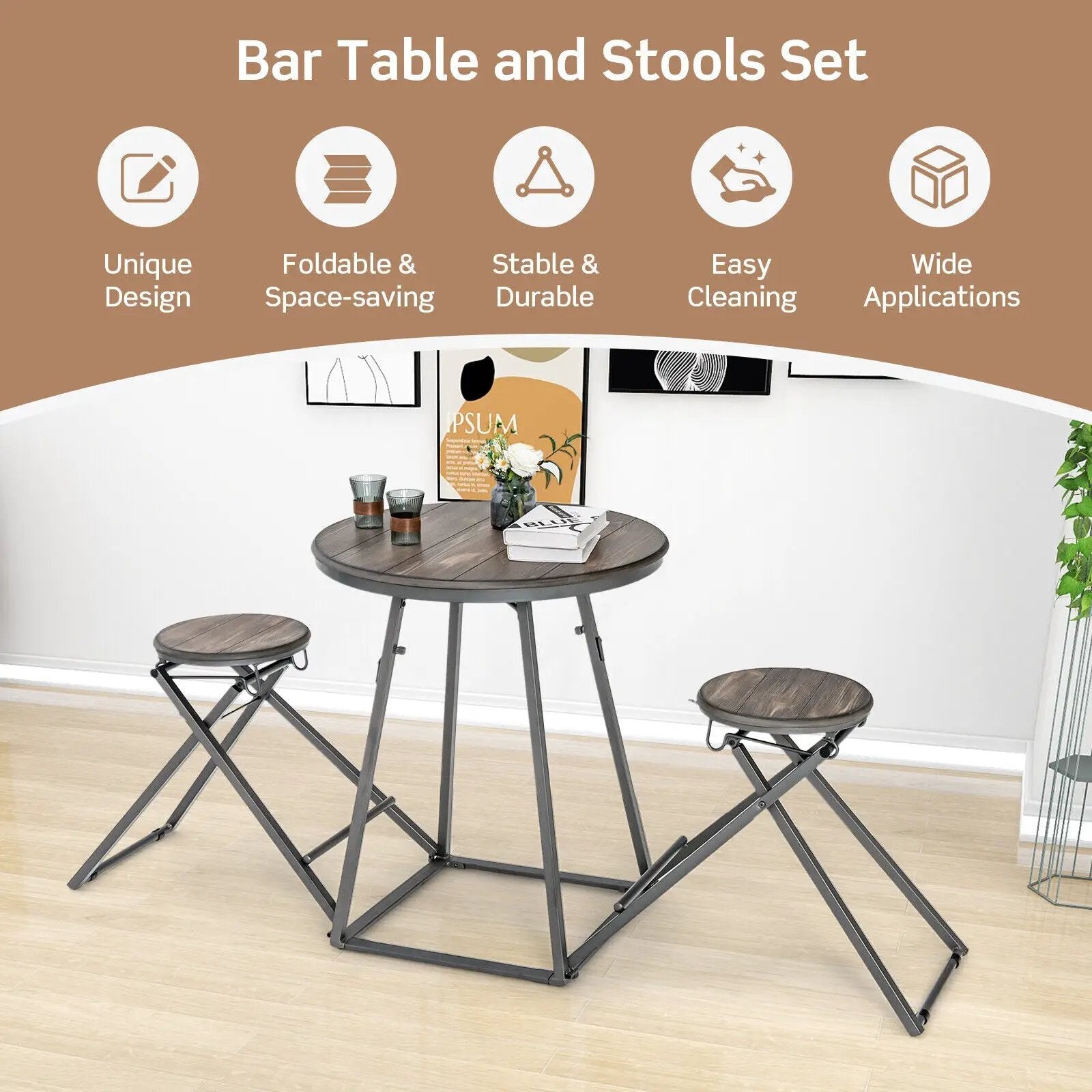 3 Pieces Dining Table Set with 2 Foldable Stools for Small Space-Gray by DirectDeals