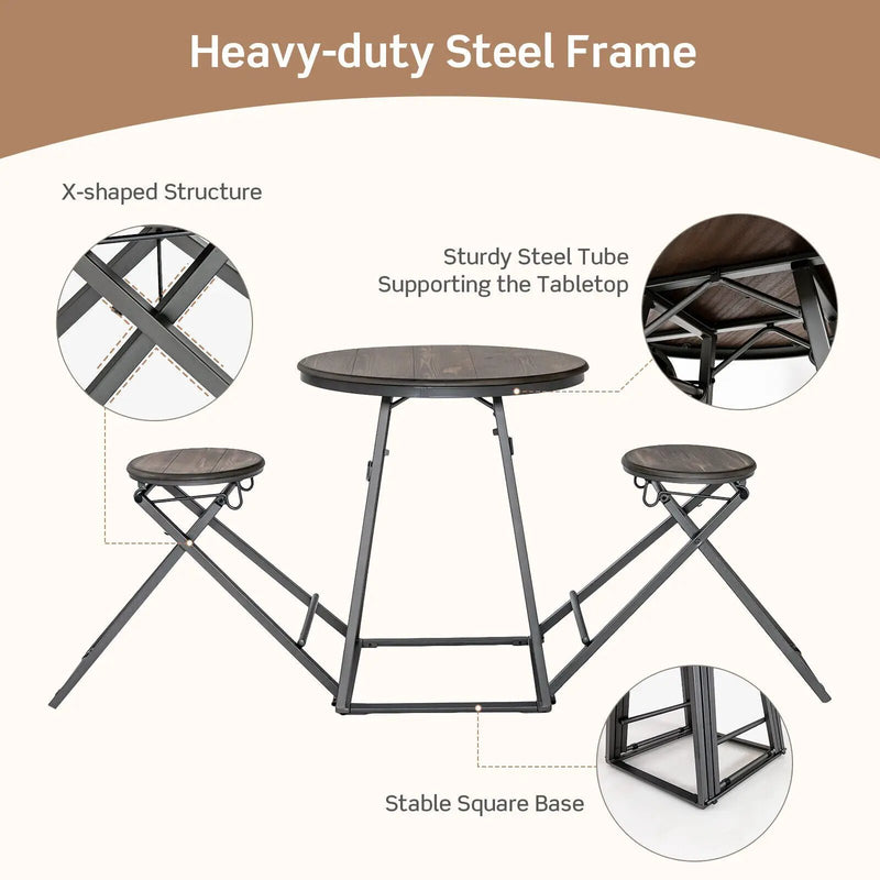 3 Pieces Dining Table Set with 2 Foldable Stools for Small Space-Gray by DirectDeals