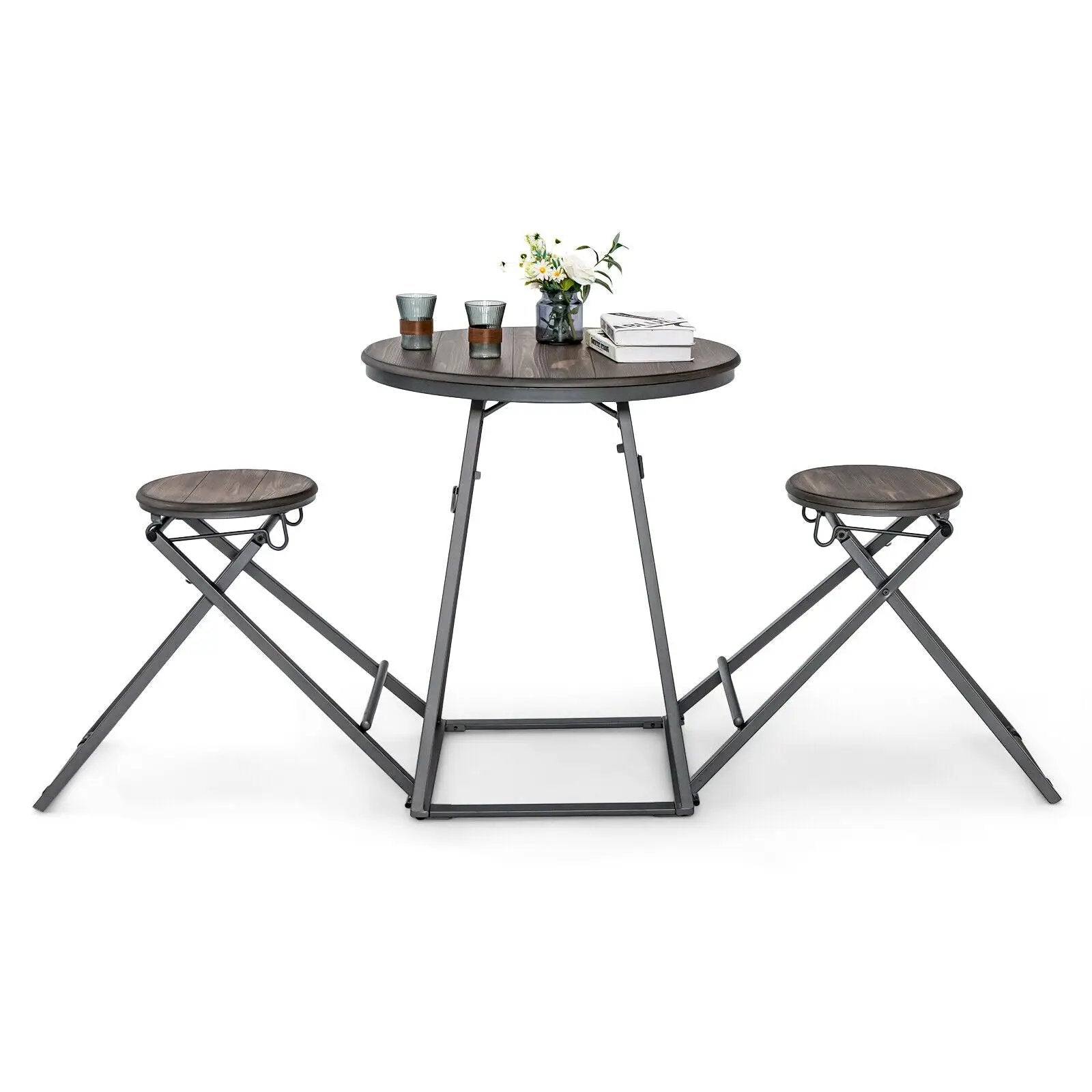 3 Pieces Dining Table Set with 2 Foldable Stools for Small Space-Gray by DirectDeals