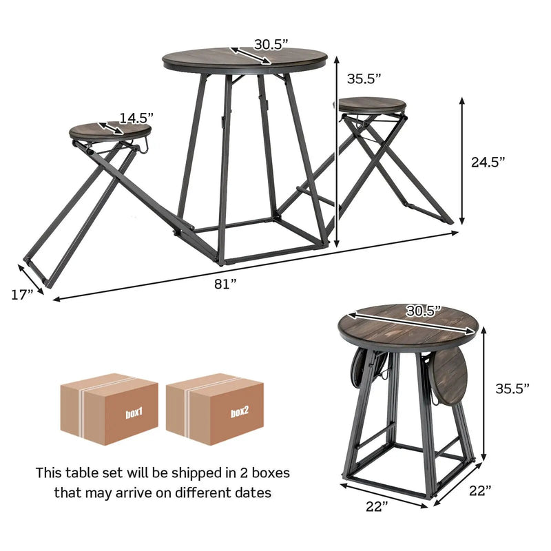 3 Pieces Dining Table Set with 2 Foldable Stools for Small Space-Gray by DirectDeals