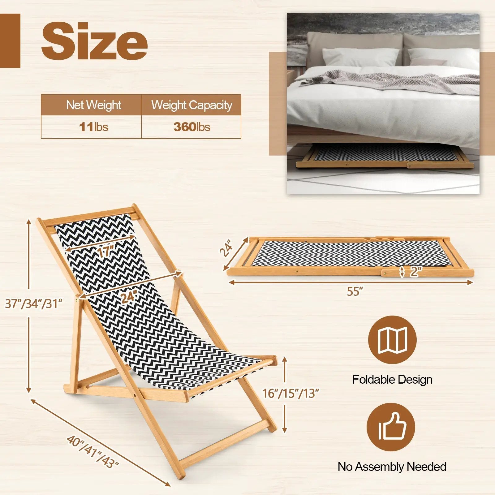 Folding Bamboo Sling Chair with Adjustable Backrest and Canvas-Natural by DirectDeals