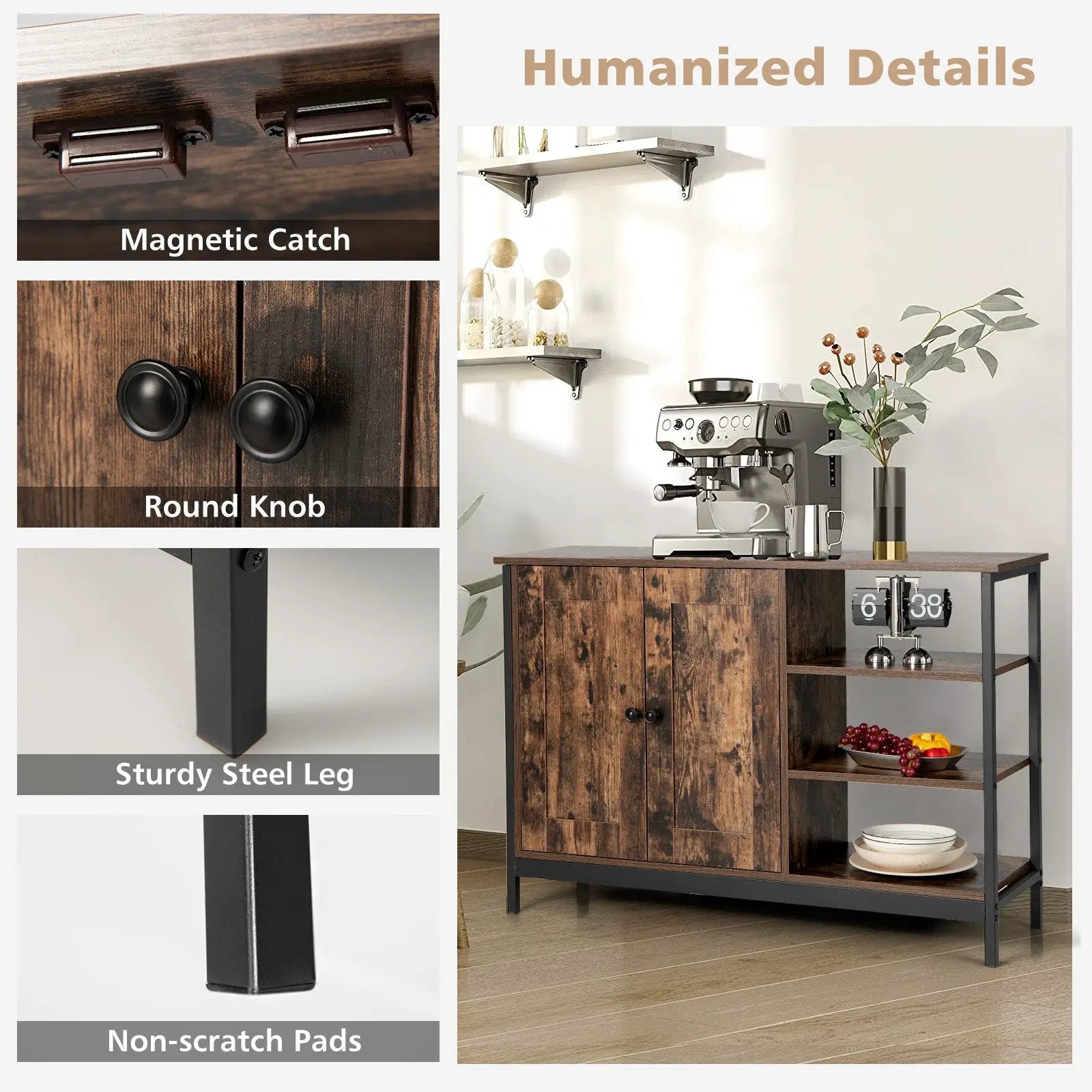 Industrial Kitchen Storage Cabinet with Open Shelves-Rustic Brown by DirectDeals