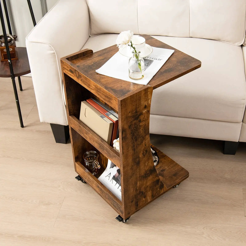 C-shaped Rolling End Side with Back Storage Shelves beside Sofa by DirectDeals