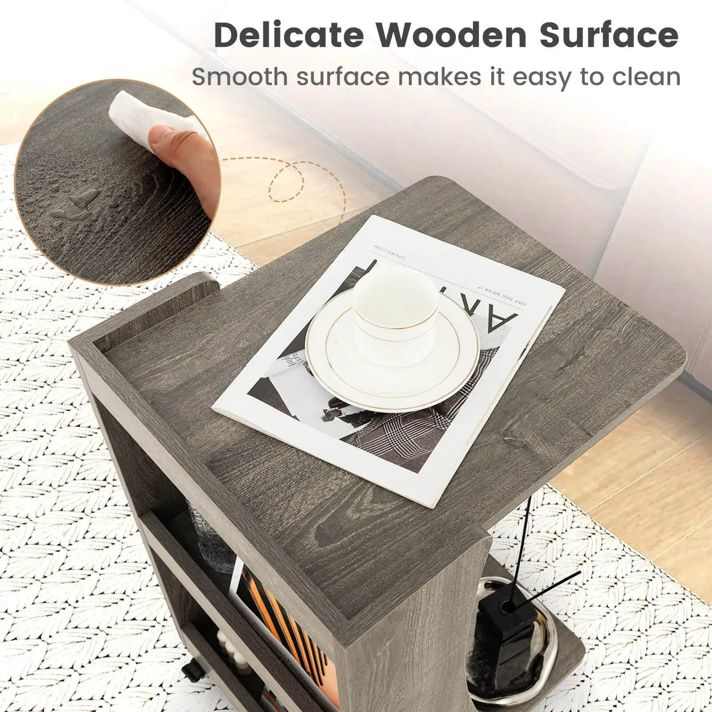 C-shaped Rolling End Side with Back Storage Shelves beside Sofa by DirectDeals