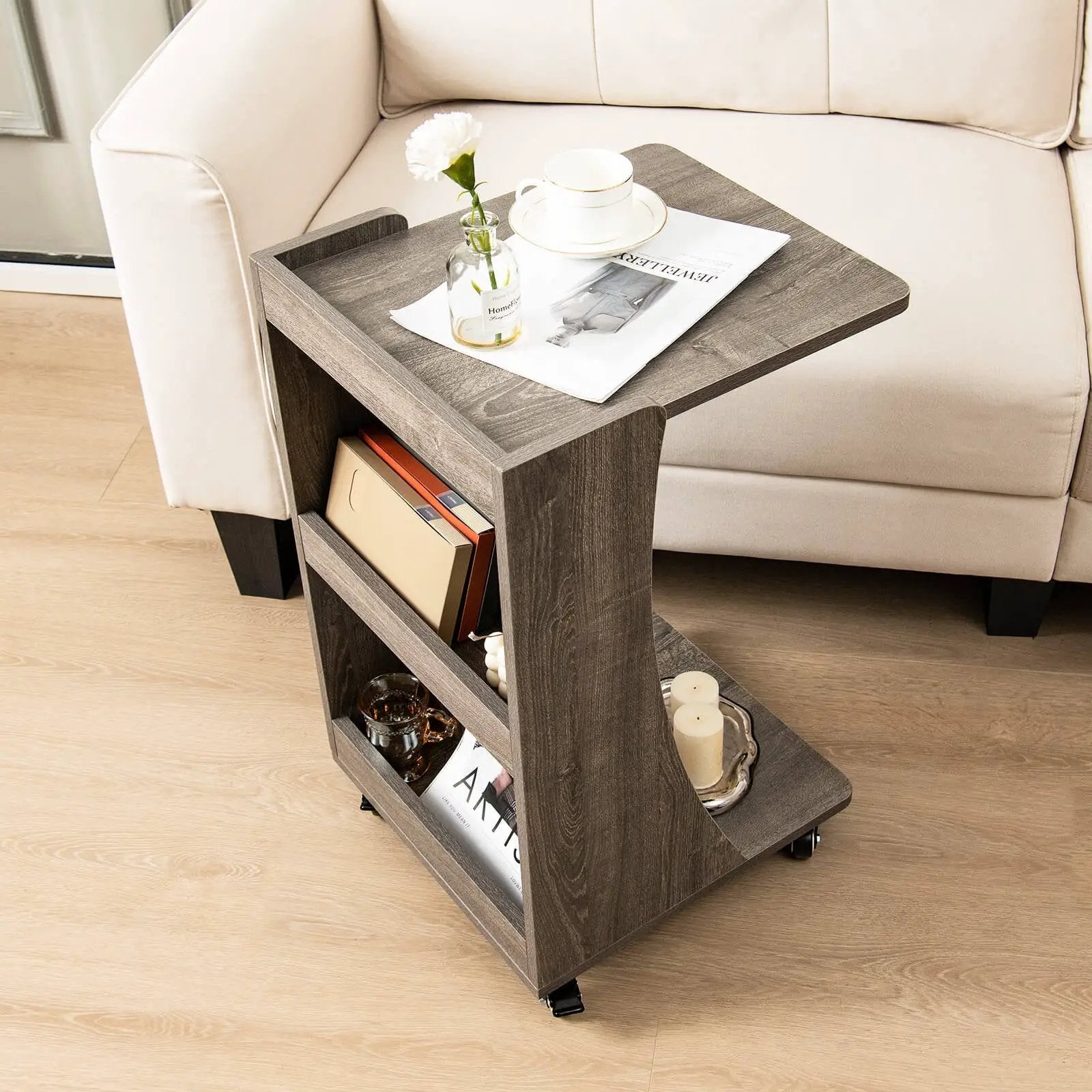 C-shaped Rolling End Side with Back Storage Shelves beside Sofa by DirectDeals