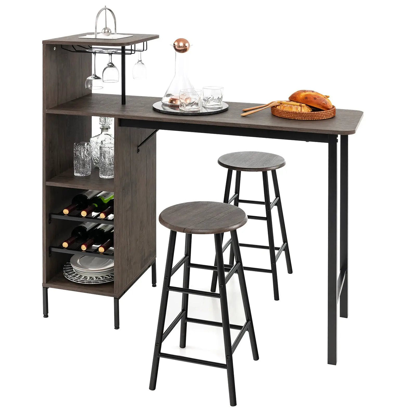 3 Piece Bar Table and Chairs Set with 6-Bottle Wine Rack-Brown by DirectDeals
