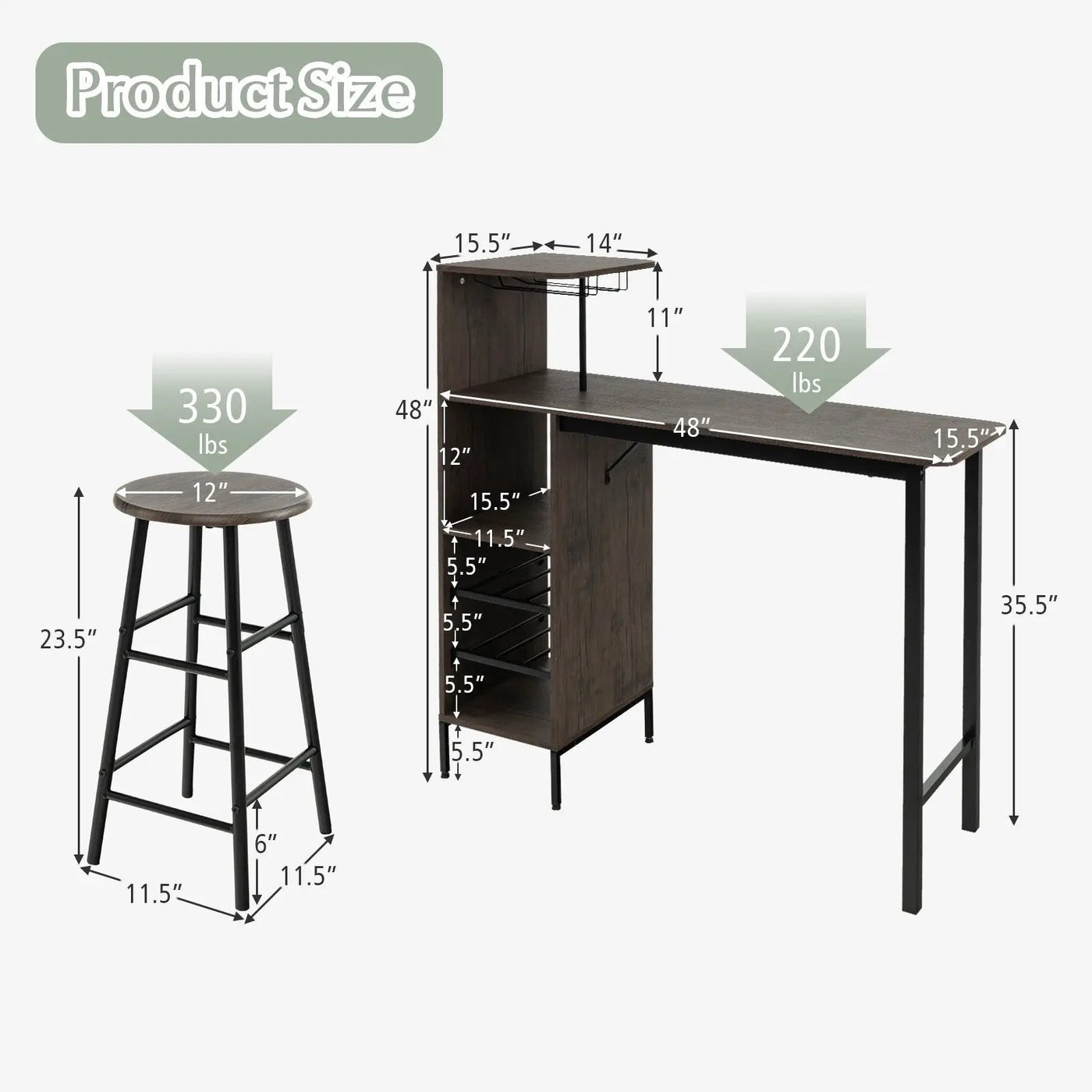 3 Piece Bar Table and Chairs Set with 6-Bottle Wine Rack-Brown by DirectDeals