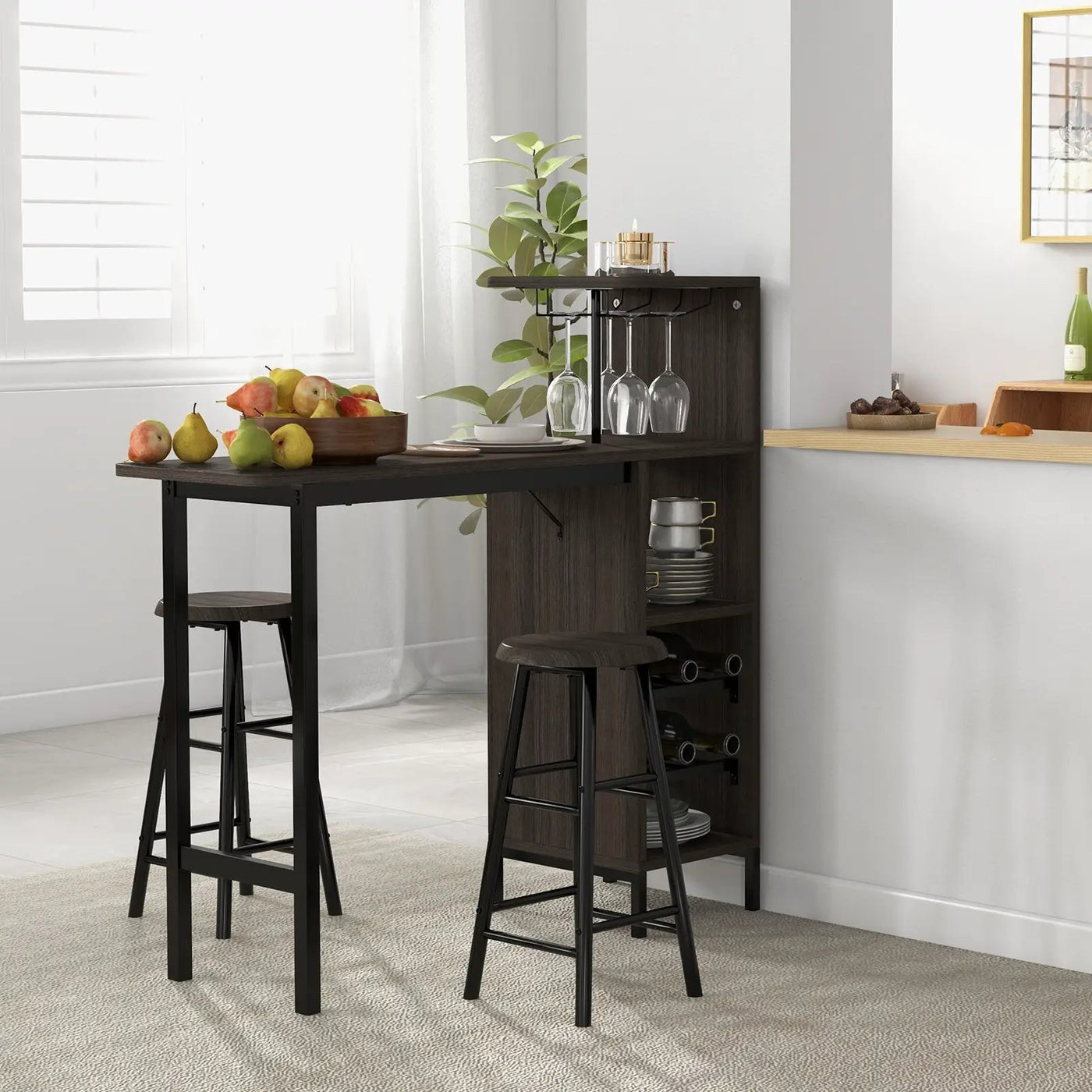 3 Piece Bar Table and Chairs Set with 6-Bottle Wine Rack-Brown by DirectDeals