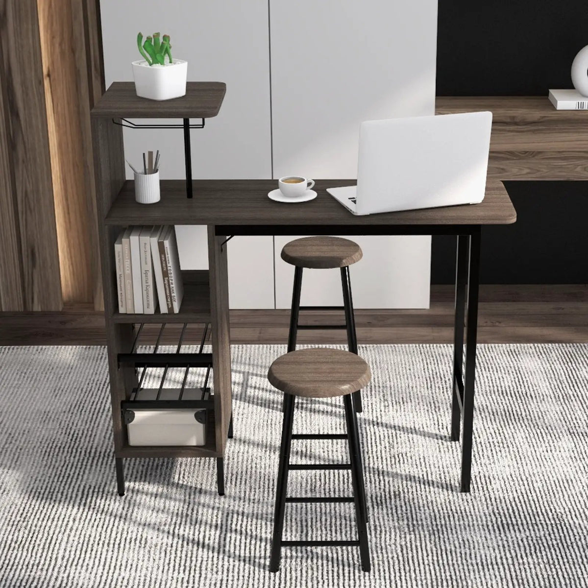 3 Piece Bar Table and Chairs Set with 6-Bottle Wine Rack-Brown by DirectDeals
