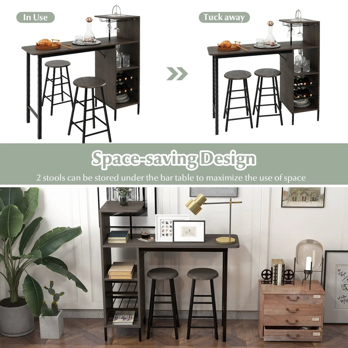 3 Piece Bar Table and Chairs Set with 6-Bottle Wine Rack-Brown by DirectDeals