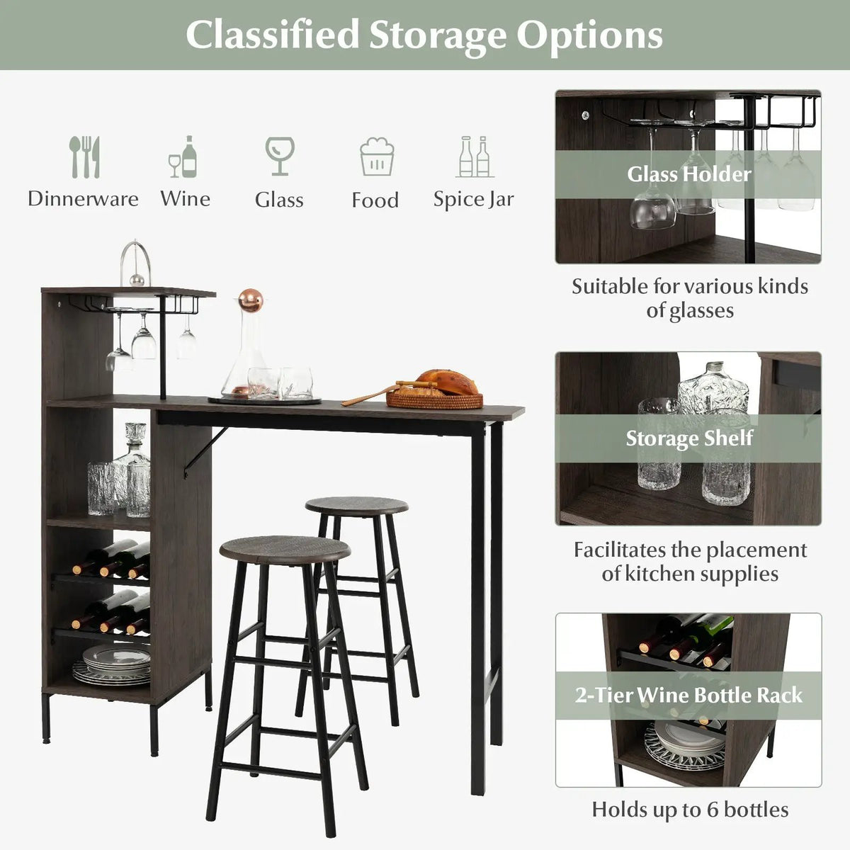3 Piece Bar Table and Chairs Set with 6-Bottle Wine Rack-Brown by DirectDeals
