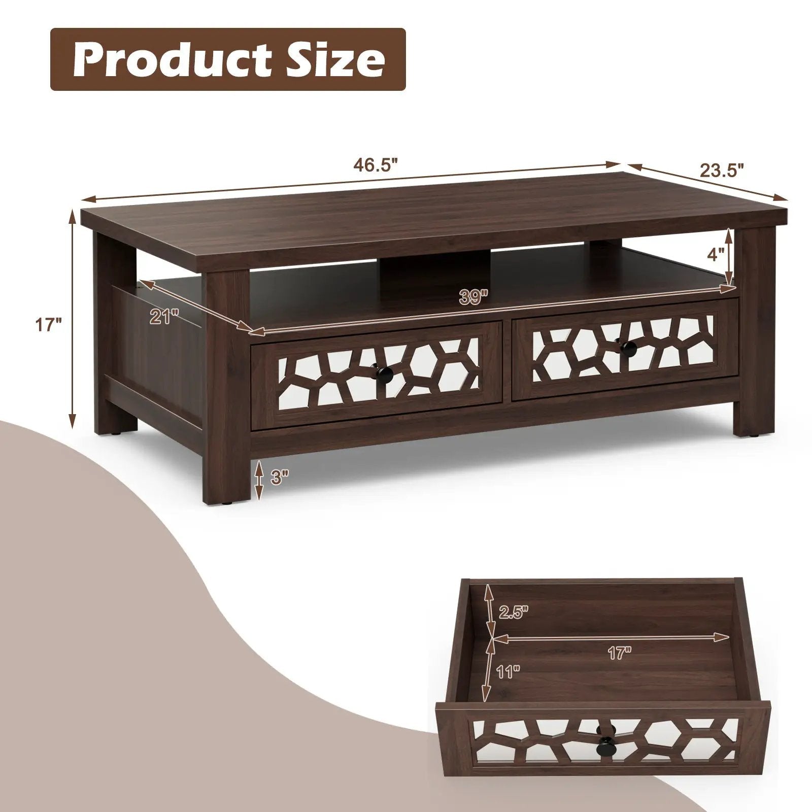 3-tier Coffee Table with 2 Drawers and 5 Support Legs by DirectDeals