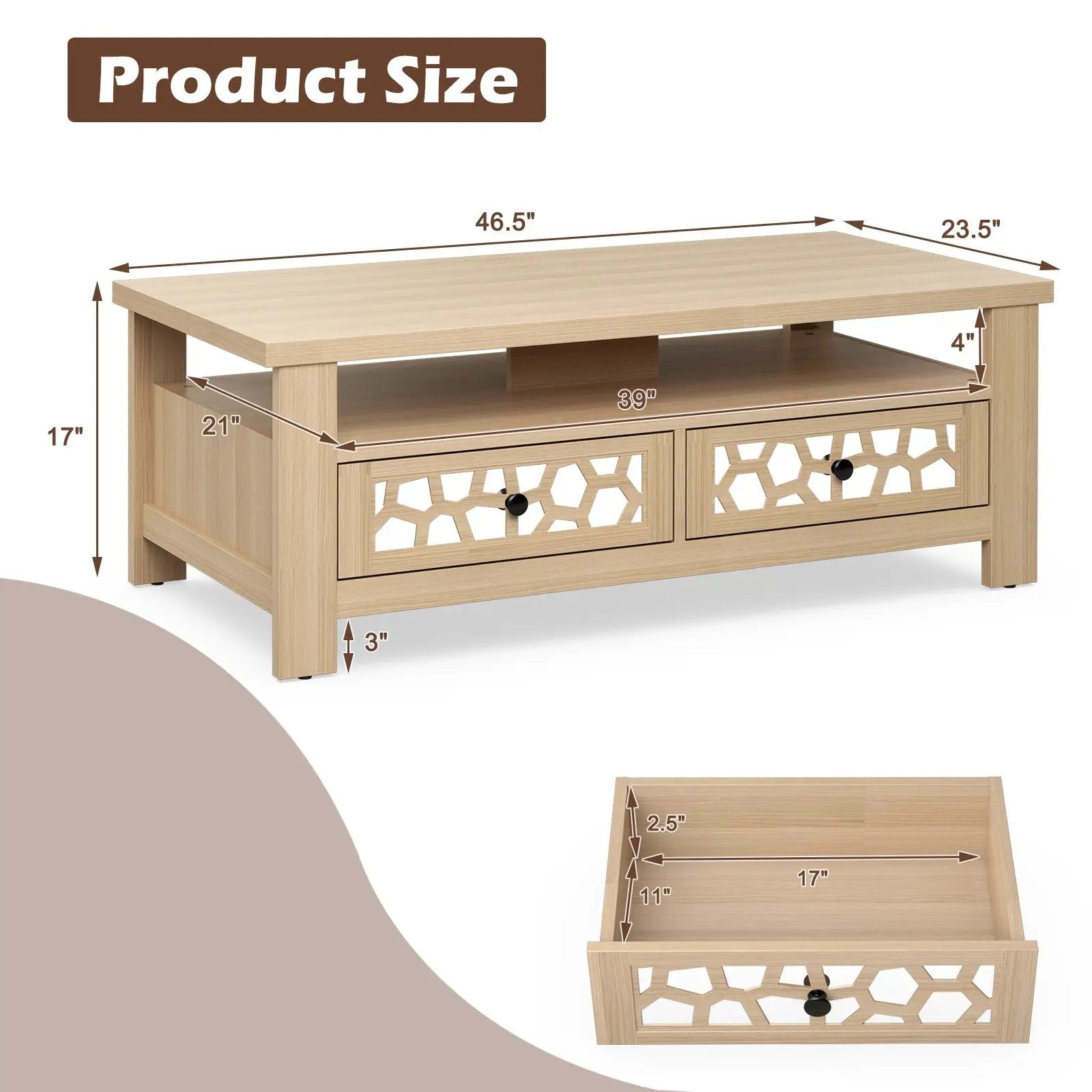 3-tier Coffee Table with 2 Drawers and 5 Support Legs by DirectDeals