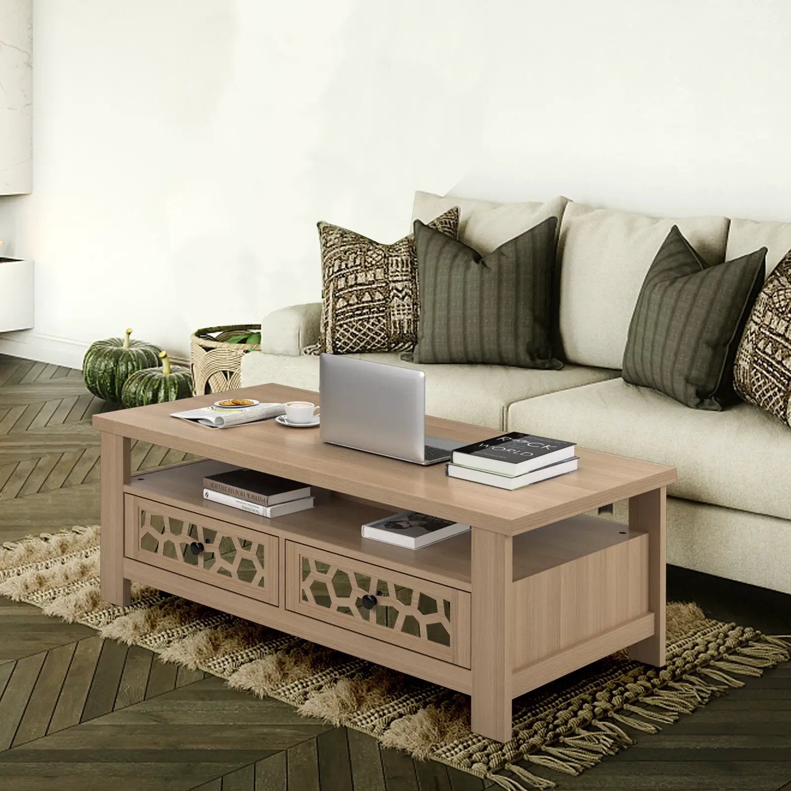 3-tier Coffee Table with 2 Drawers and 5 Support Legs by DirectDeals