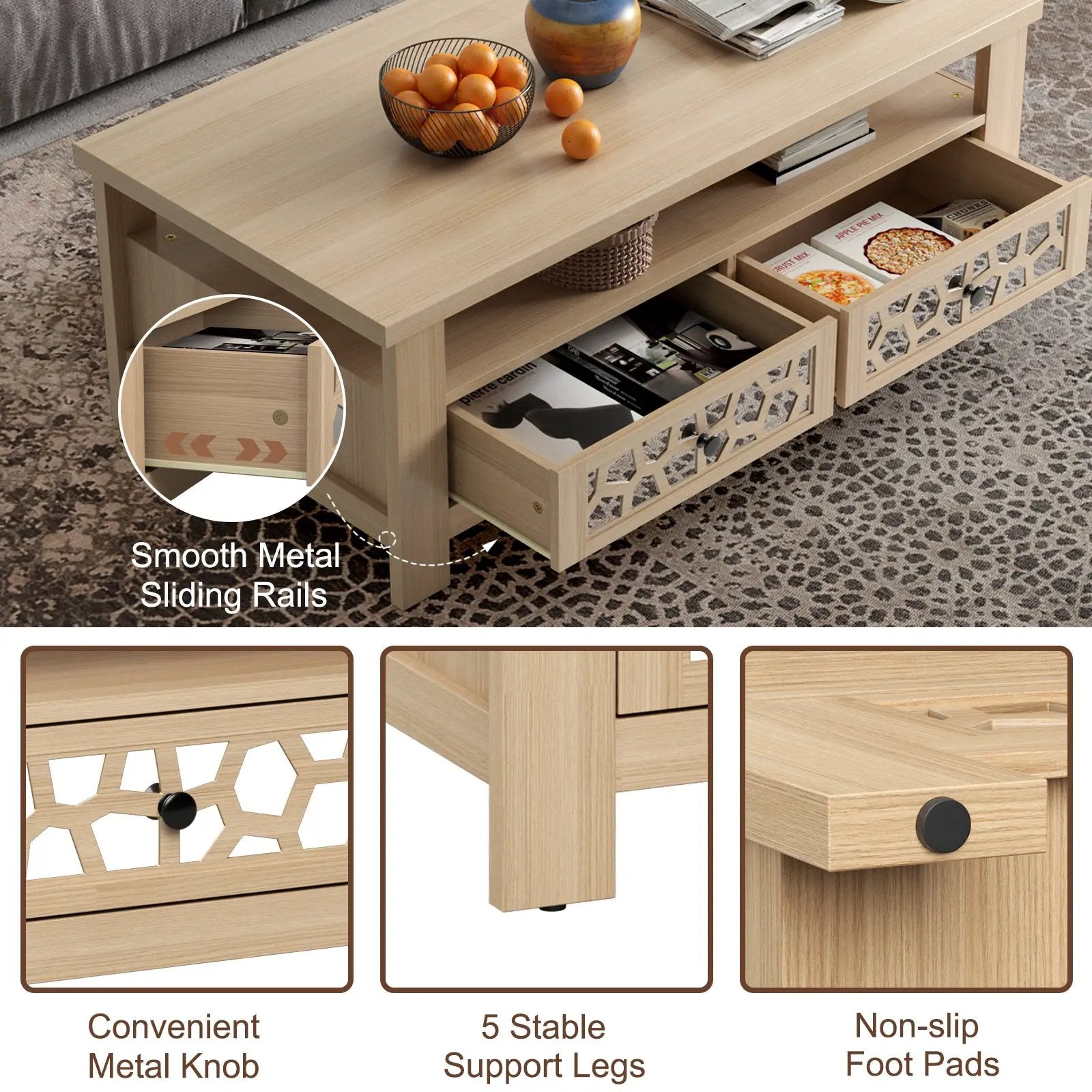 3-tier Coffee Table with 2 Drawers and 5 Support Legs by DirectDeals