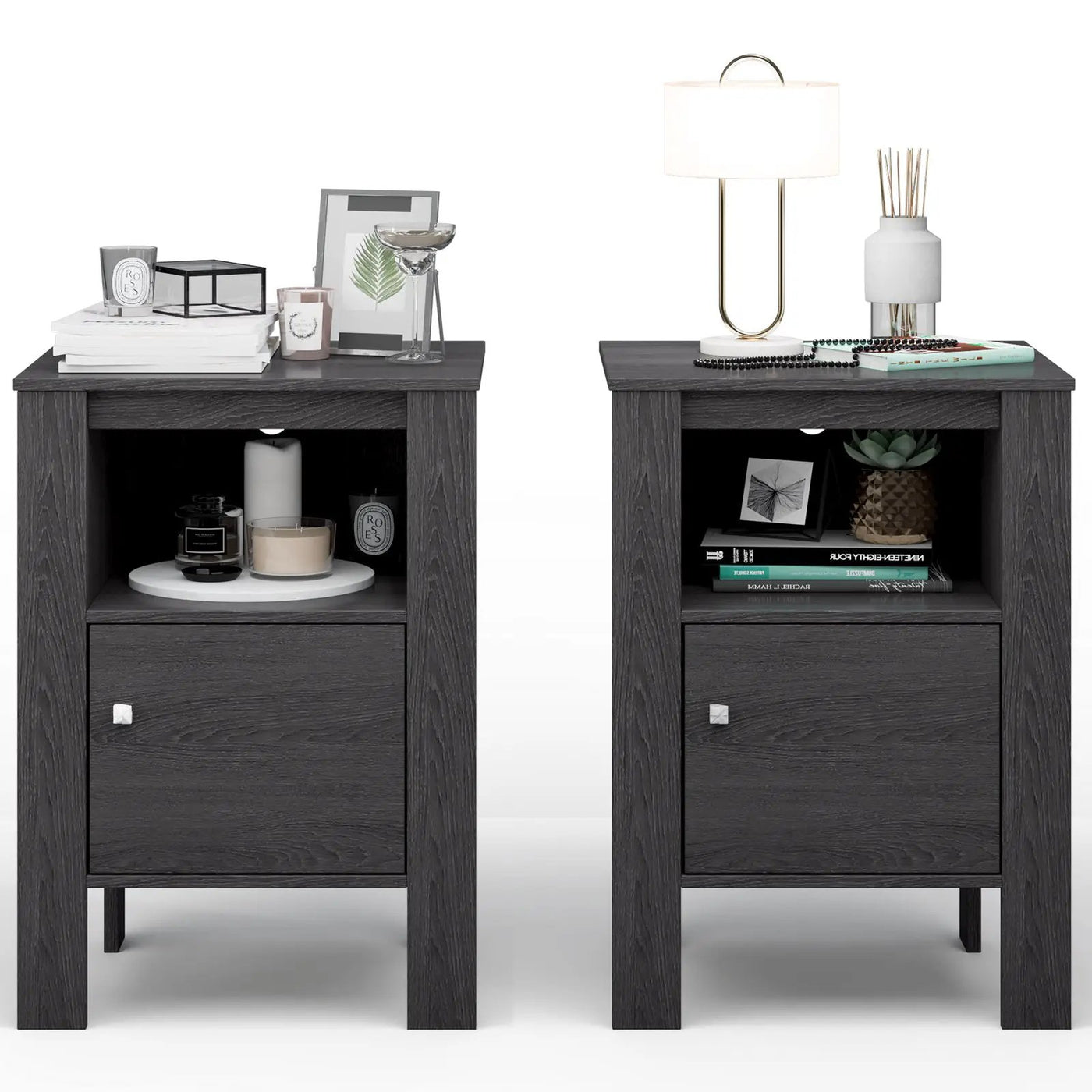 Compact Floor Farmhouse Nightstand with Open Shelf and Cabinet by DirectDeals