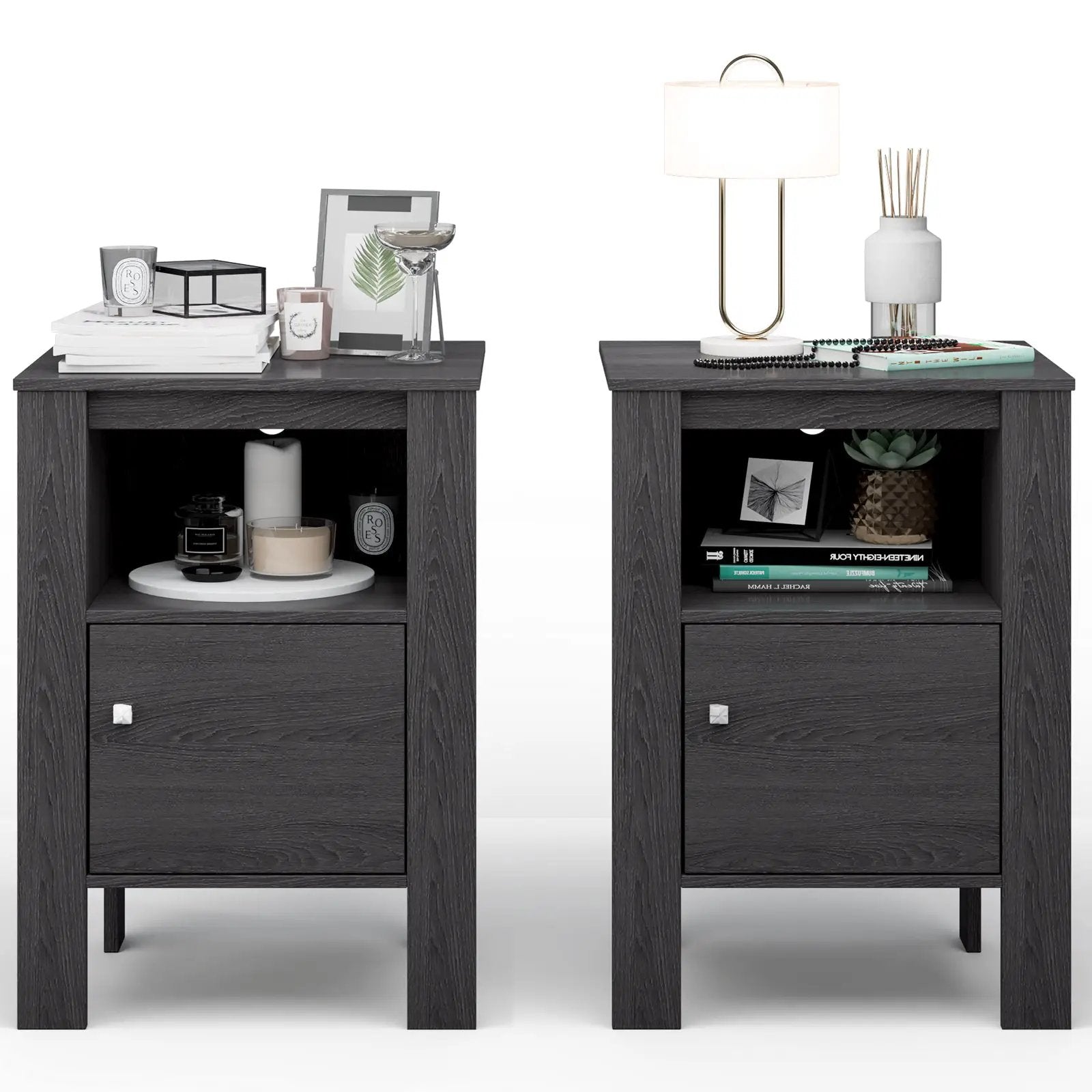 Compact Floor Farmhouse Nightstand with Open Shelf and Cabinet by DirectDeals
