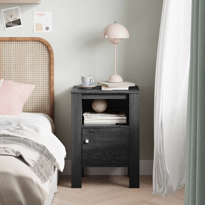 Compact Floor Farmhouse Nightstand with Open Shelf and Cabinet by DirectDeals
