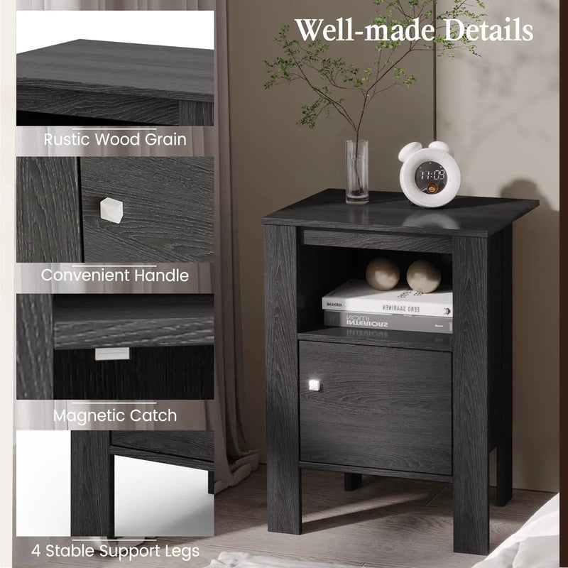 Compact Floor Farmhouse Nightstand with Open Shelf and Cabinet by DirectDeals